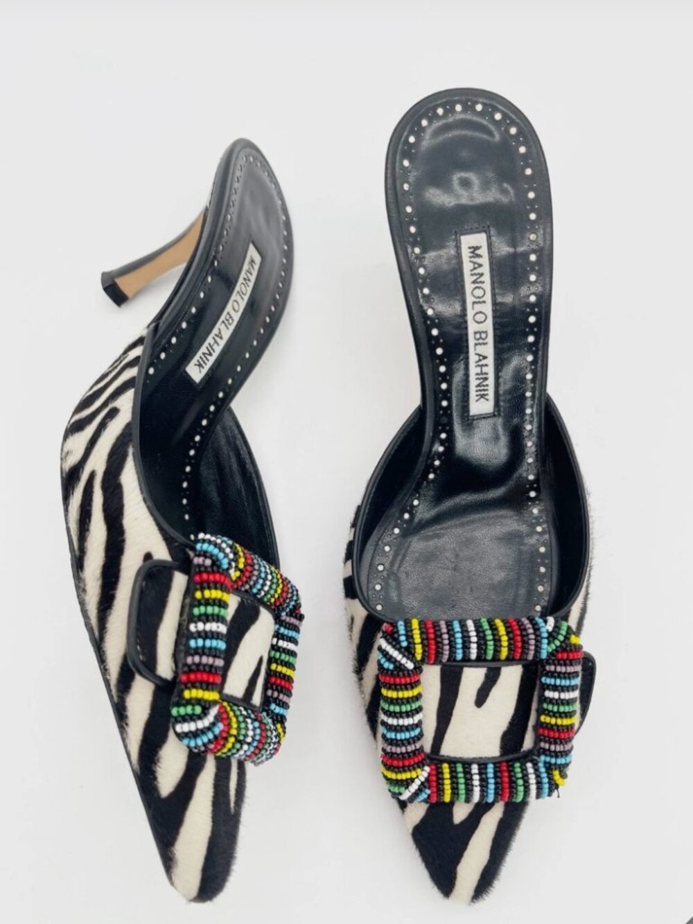 Manolo Blahnik Mafrisa Zebra Print Calf Hair Beaded Buckle Mules Heels IT 37.5